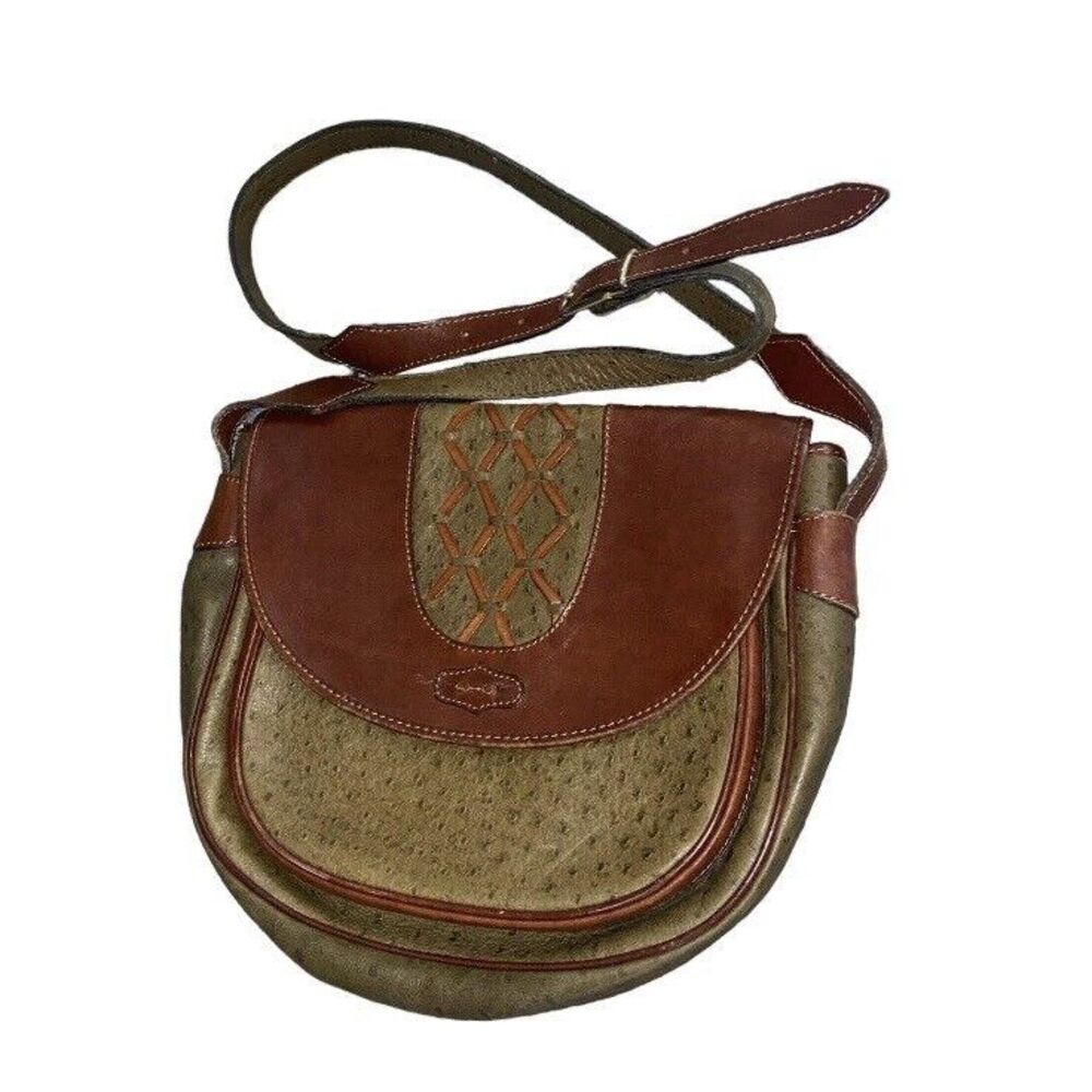 Vintage Leather Messenger Crossbody Bag Textured Green‎ Brown Satchel Boho Indie